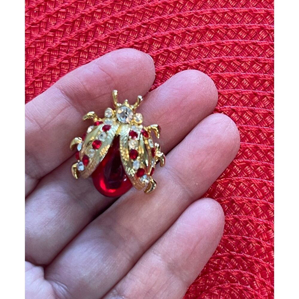 Vintage Rhinestone Ladybug Pin Brooch Goldtone 1" Mini Red ~Unsigned